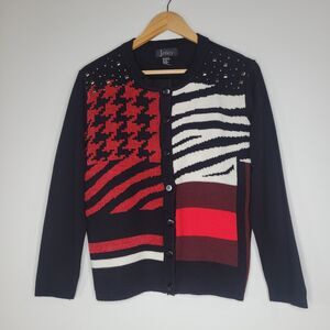Vintage JENNY Mixed Media Cardigan Sweater Size M Colorblock Zebra Granny Beads